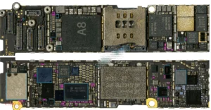Detailed view of iPhone motherboard components