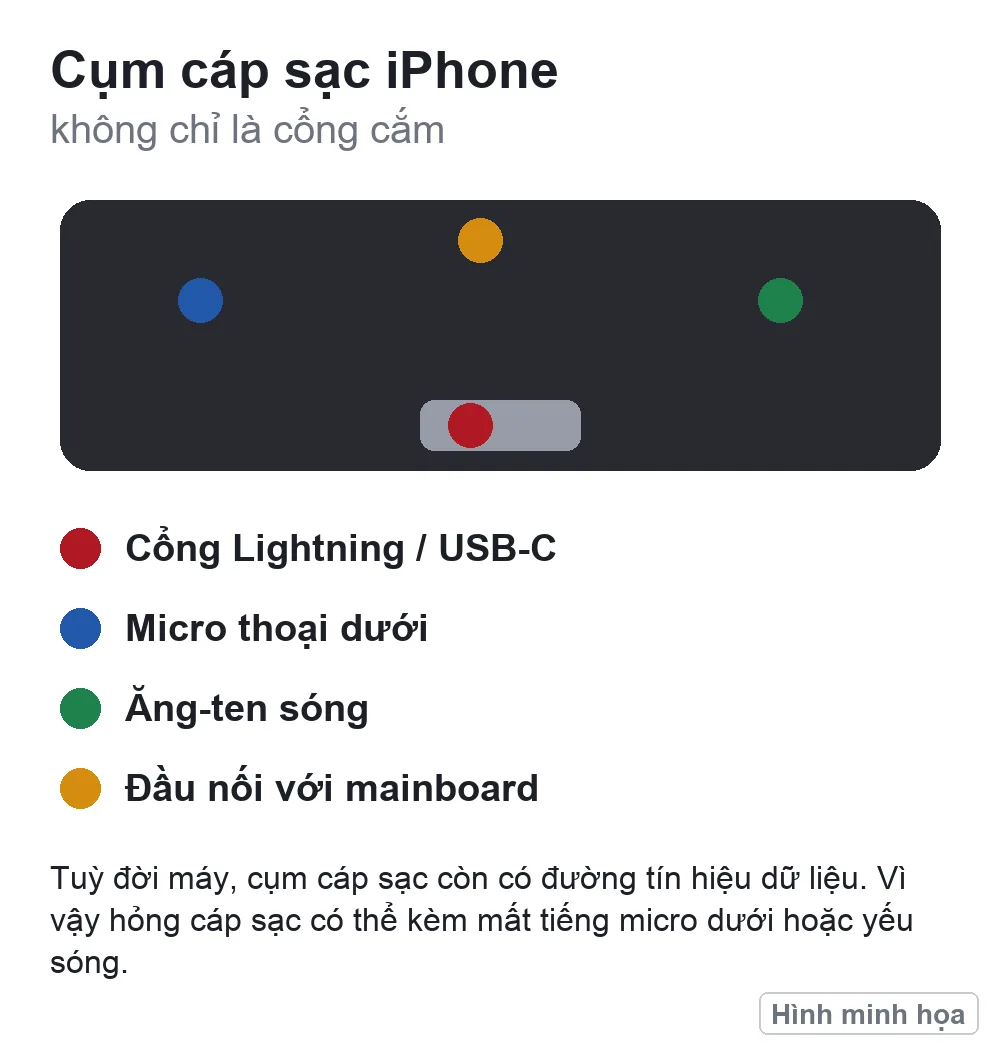 Hình minh họa các phần trong cụm cáp sạc iPhone: cổng sạc, micro thoại dưới, ăng-ten, đầu nối mainboard