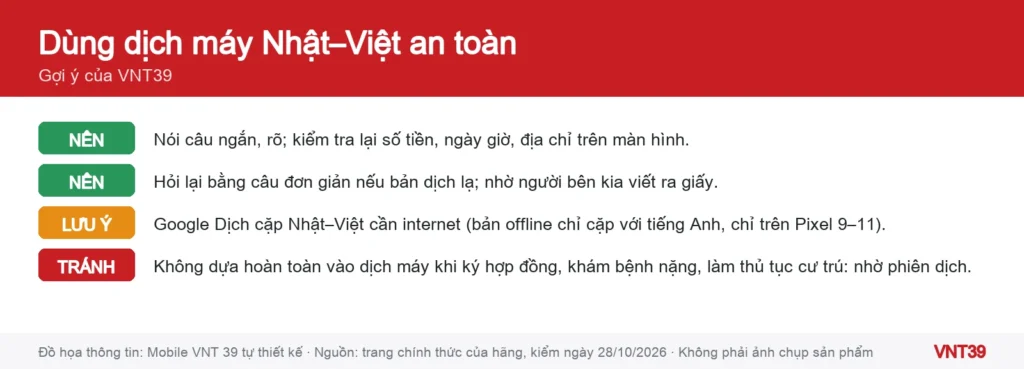 Đồ họa danh sách lưu ý khi dùng dịch máy Nhật–Việt cho giấy tờ, bệnh viện, hợp đồng