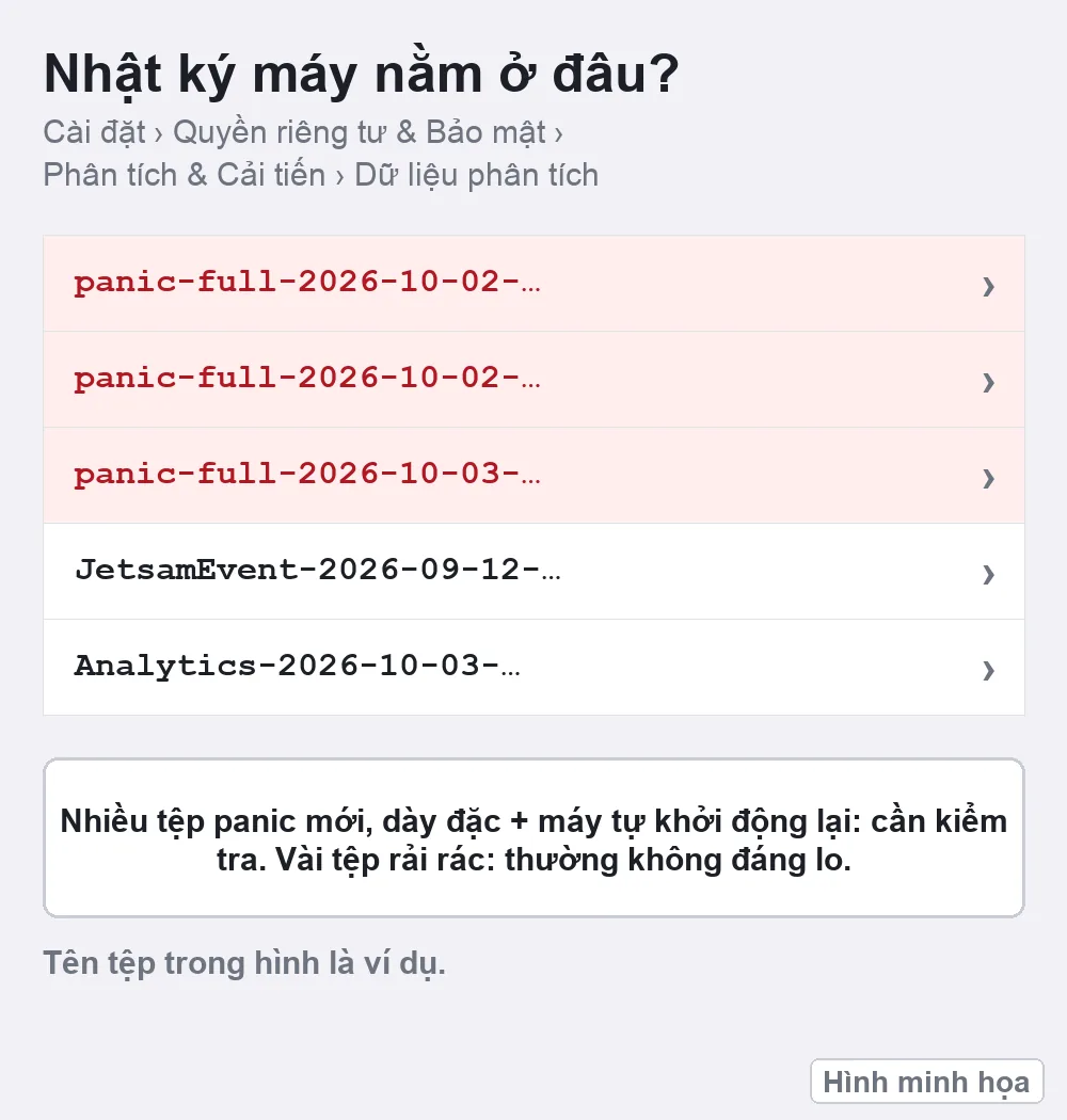 Hình minh họa danh sách tệp nhật ký trong Dữ liệu phân tích của iPhone, có các tệp panic-full (tên tệp ví dụ)