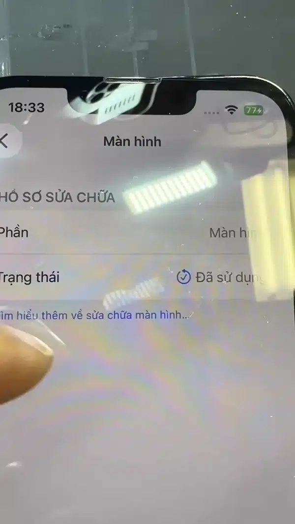 iPhone 13 Pro sau khi thay màn hình Apple: Cài đặt › Hồ sơ sửa chữa › Màn hình – trạng thái Đã sử dụng