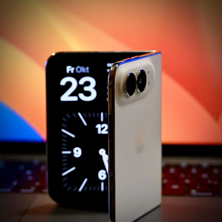 iPhone Duo màu Star White mở hờ, đứng trên bàn, màn hình ngoài hiện đồng hồ chế độ chờ