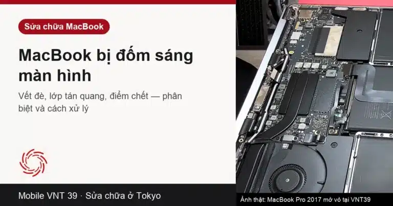 MacBook Pro 2017 mở vỏ đáy tại VNT39 (ảnh thật từ video của shop) — màn hình MacBook bị đốm sáng