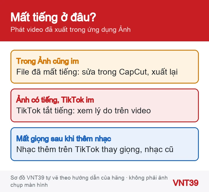 Sơ đồ phân biệt hai trường hợp: file video đã mất tiếng trước khi đăng, và TikTok tắt tiếng sau khi đăng