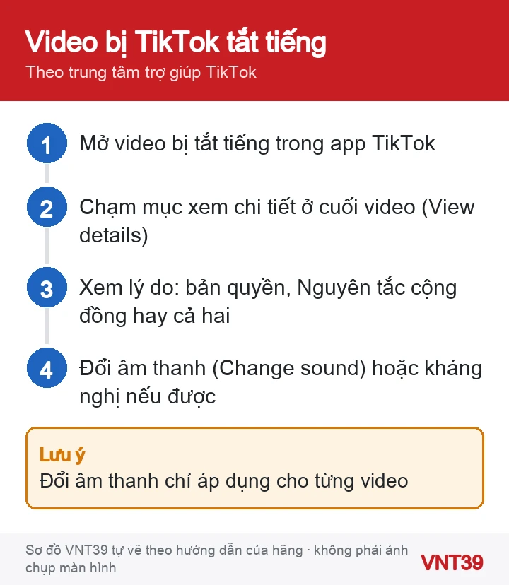 Sơ đồ 4 bước xử lý video bị TikTok tắt tiếng: xem lý do, đổi âm thanh hoặc kháng nghị