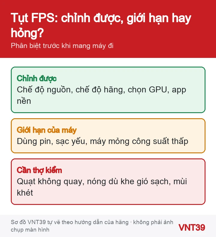 Sơ đồ phân loại nguyên nhân tụt FPS: cài đặt chỉnh được, giới hạn của máy và dấu hiệu cần thợ