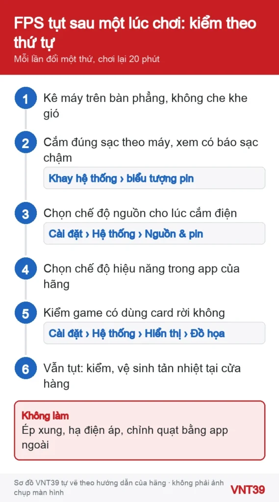 Sơ đồ thứ tự kiểm tra laptop tụt FPS sau 10 đến 20 phút chơi game trên Windows 11