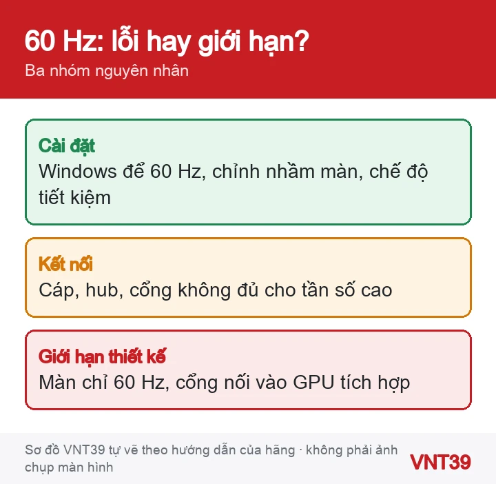 Sơ đồ phân biệt màn hình chỉ chạy 60 Hz do cài đặt, do kết nối hay do giới hạn thiết kế