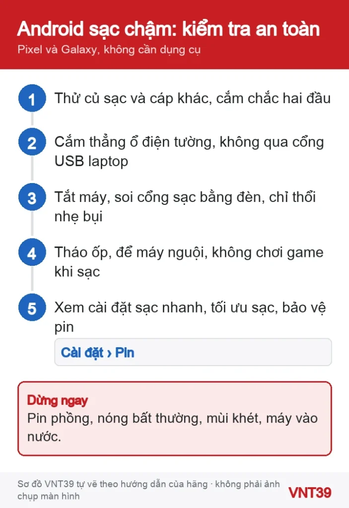 Sơ đồ 5 bước tự kiểm tra khi điện thoại Android sạc chậm hoặc không sạc: thử cáp và củ sạc khác, ổ cắm tường, xem cổng sạc, để máy nguội, kiểm tra cài đặt sạc