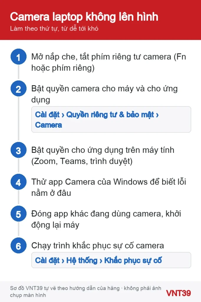 Sơ đồ thứ tự kiểm tra camera laptop không lên hình trên Windows 11