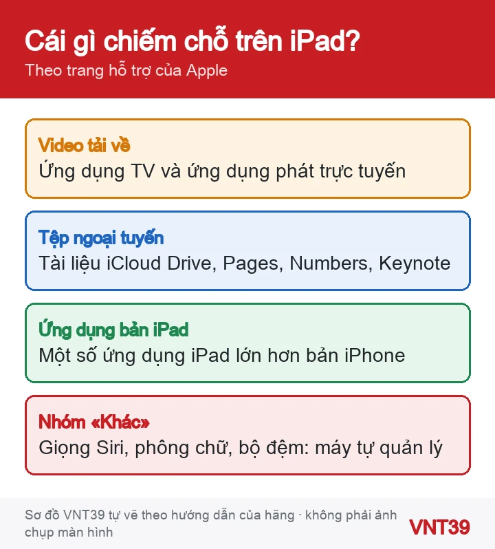 Sơ đồ những nguồn chiếm dung lượng hay gặp trên iPad theo Apple và phần nhóm Khác không tự xóa được
