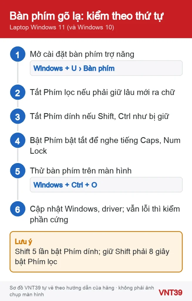Sơ đồ thứ tự kiểm tra khi bàn phím laptop Windows gõ chậm, phím như bị dính