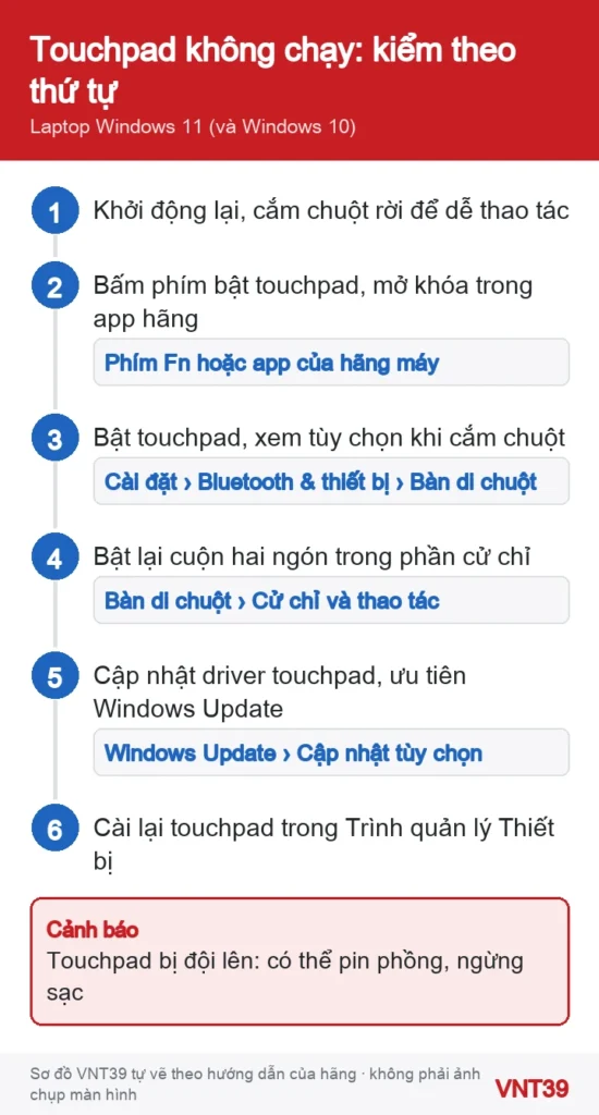 Sơ đồ thứ tự kiểm tra khi touchpad laptop Windows không hoạt động hoặc không cuộn được