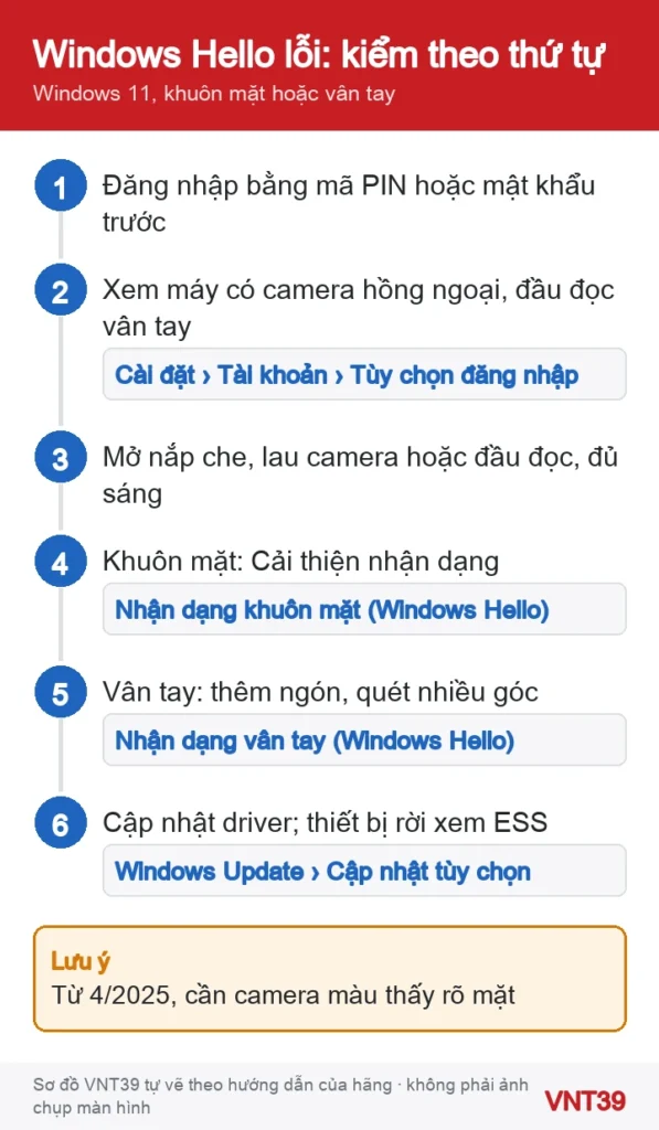 Sơ đồ thứ tự kiểm tra khi Windows Hello khuôn mặt hoặc vân tay không dùng được