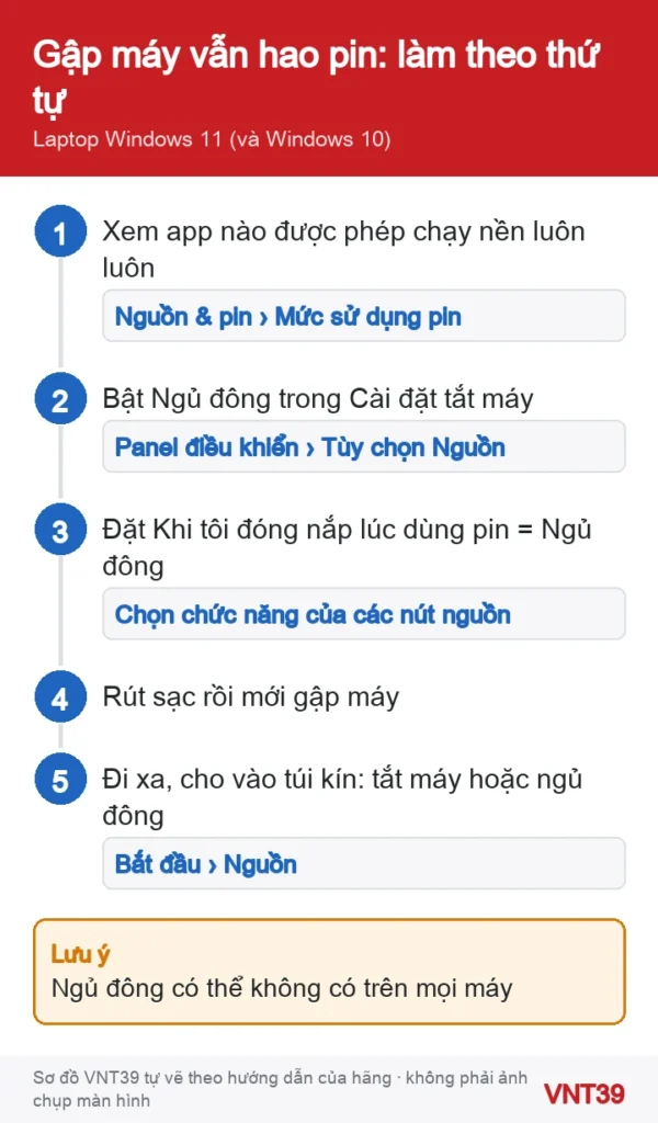 Sơ đồ thứ tự cài đặt để laptop Windows không hao pin, không nóng khi gập máy cho vào túi