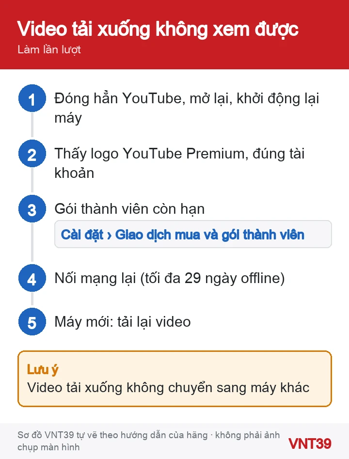 Sơ đồ 5 bước kiểm tra khi video YouTube Premium đã tải xuống không xem được hoặc biến mất