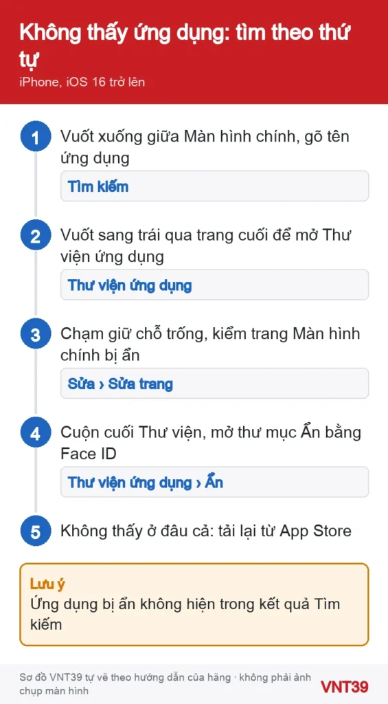 Sơ đồ thứ tự tìm ứng dụng bị mất khỏi Màn hình chính iPhone