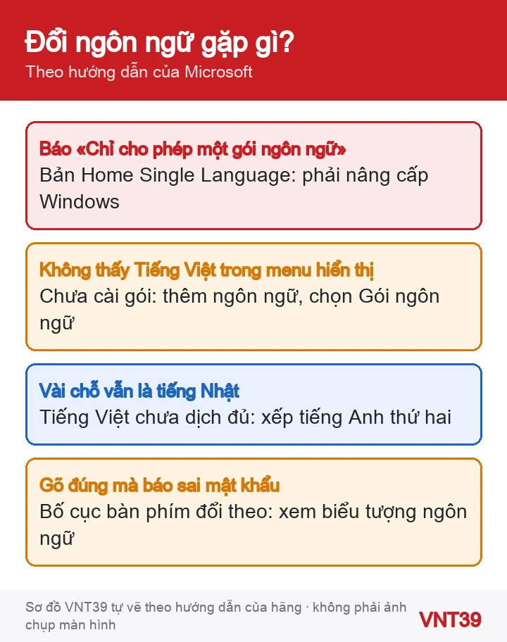 Sơ đồ các trường hợp khi đổi ngôn ngữ Windows: bản một ngôn ngữ, còn chữ Nhật, gõ sai mật khẩu