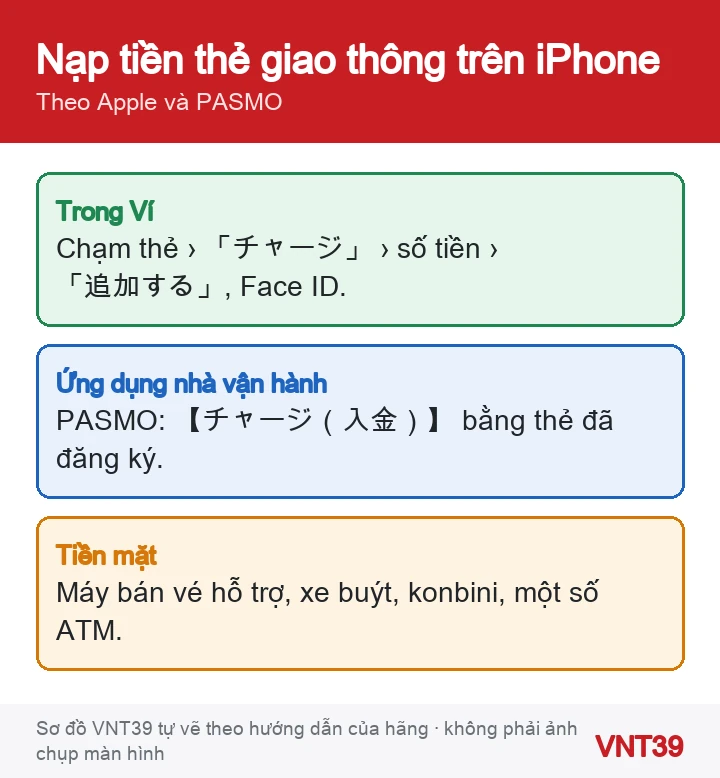 Sơ đồ ba cách nạp tiền thẻ giao thông trên iPhone: trong ứng dụng Ví bằng thẻ đã thêm, trong ứng dụng của nhà vận hành, bằng tiền mặt ở ga, xe buýt, cửa hàng tiện lợi