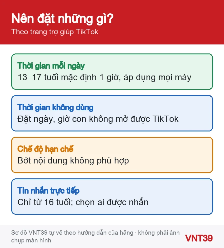 Sơ đồ các cài đặt chính của Gia đình thông minh TikTok: thời gian mỗi ngày, giờ không dùng, chế độ hạn chế, tin nhắn