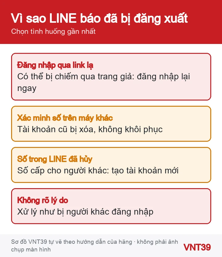 Sơ đồ bốn tình huống trước khi LINE hiện màn đã bị đăng xuất khỏi tài khoản và việc nên làm