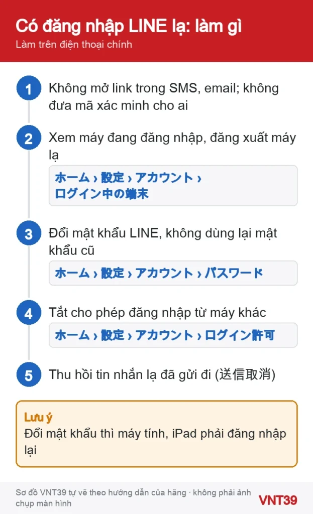 Sơ đồ 5 bước khi nhận thông báo đăng nhập LINE lạ: kiểm thiết bị, đăng xuất, đổi mật khẩu, tắt cho phép đăng nhập
