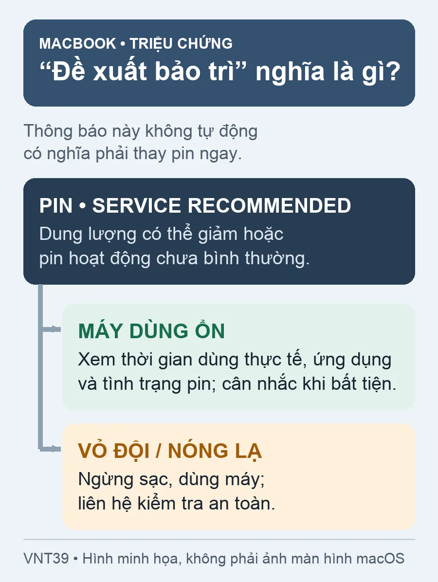 Hình minh họa: thông báo pin MacBook Service Recommended (Đề xuất bảo trì) và khi nào cần kiểm tra