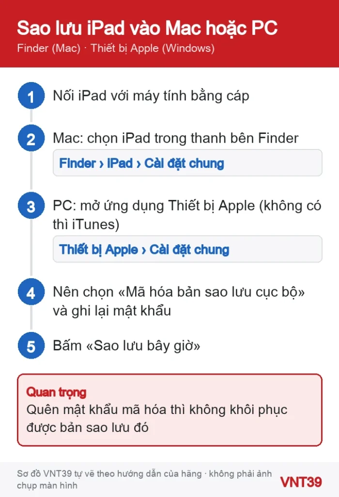 Sơ đồ các bước sao lưu iPad vào máy Mac bằng Finder hoặc PC Windows bằng ứng dụng Thiết bị Apple